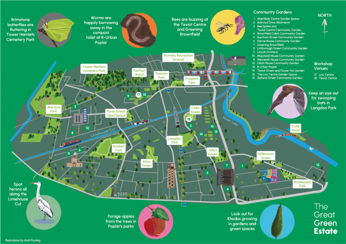 The Great Green Estate — an illustrated map of Poplar's parks, community gardens and green spaces, with wildlife dotted around the edges.