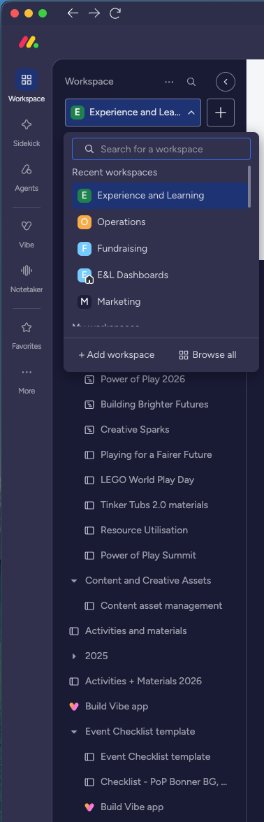 The workspace dropdown showing the list of workspaces