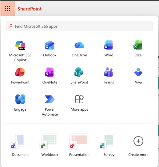 The Microsoft 365 app launcher with the nine-dot grid icon