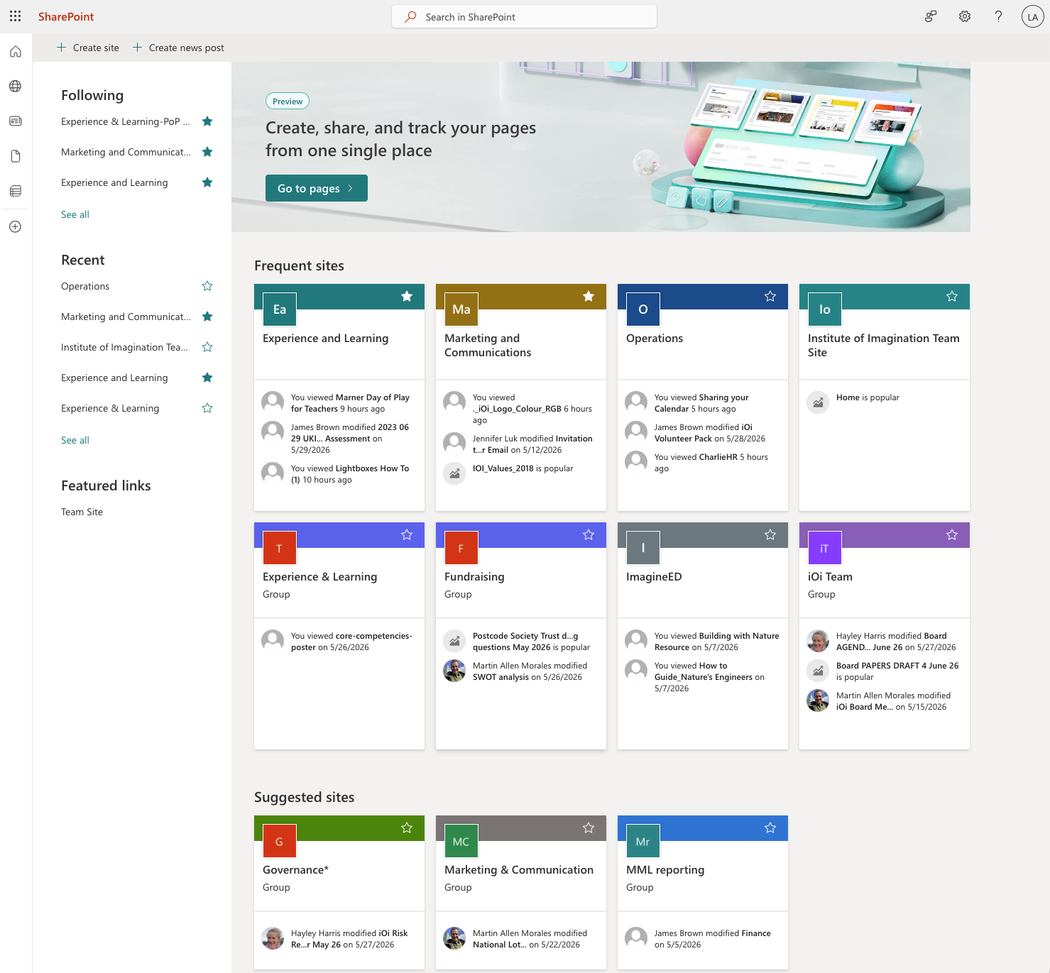 The SharePoint home page showing the list of iOi team sites