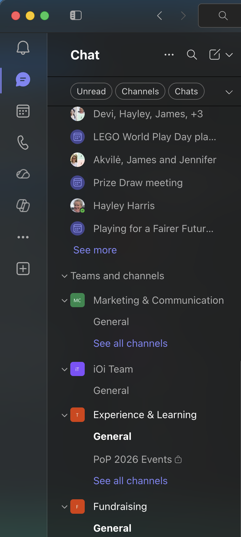 Teams and their channels listed in the sidebar